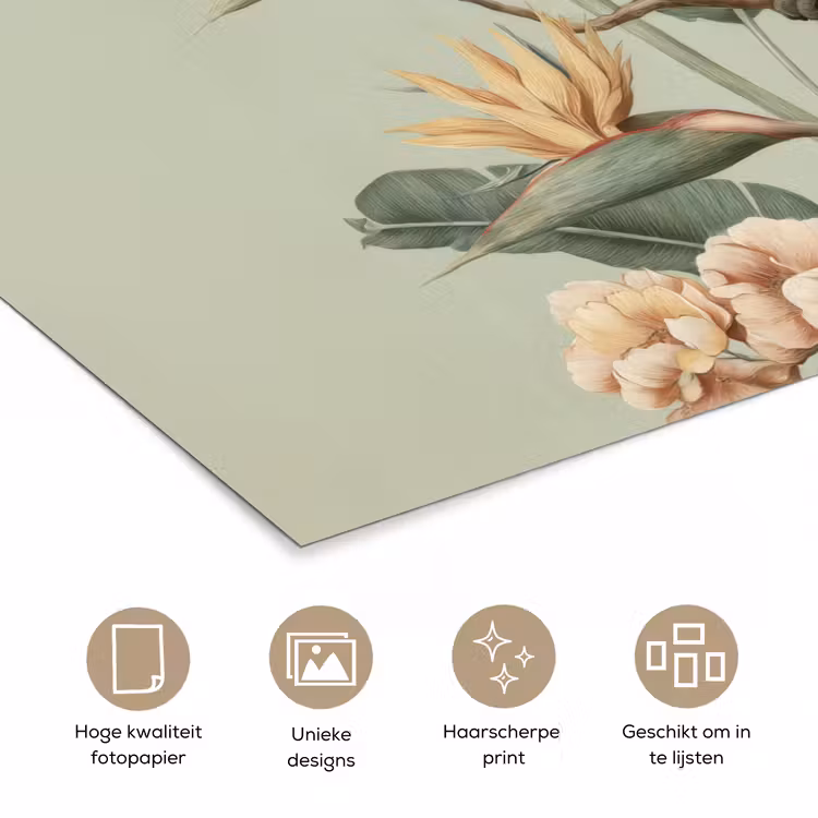 Gele kuifkaketoe - paradijsvogelbloemen - Groen poster papier klein -closeup_NL