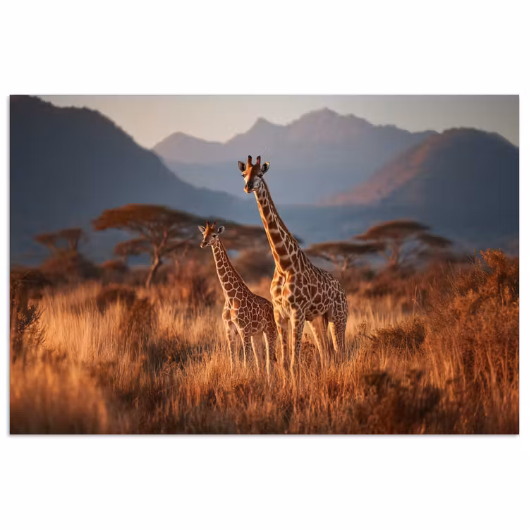 Giraffen - Hoog gras - Acaciabomen poster papier klein -3d