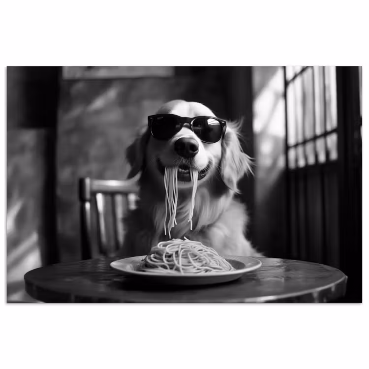 Golden Retriever - Hond - Vrolijk -  Bord spaghetti - Zwart - wit poster papier klein -3d