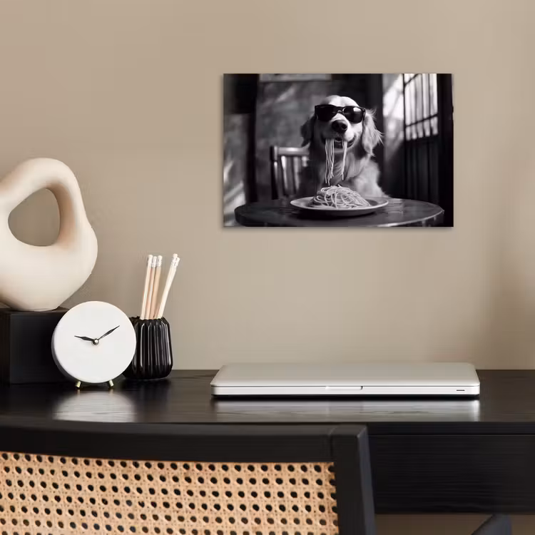 Golden Retriever - Hond - Vrolijk -  Bord spaghetti - Zwart - wit poster papier klein -sfeer1