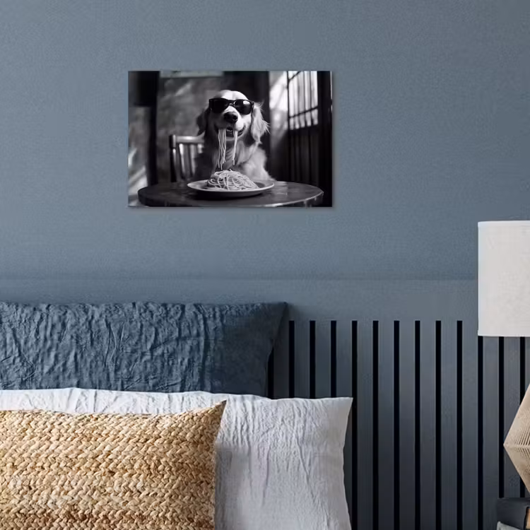 Golden Retriever - Hond - Vrolijk -  Bord spaghetti - Zwart - wit poster papier klein -sfeer2