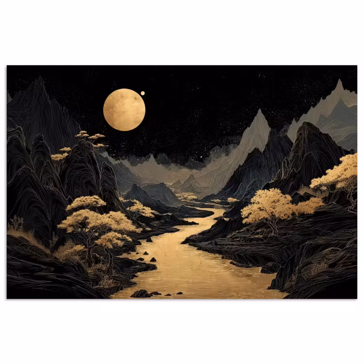 Gouden rivier - Bergen - Maan - Sterrenhemel poster papier klein -3d