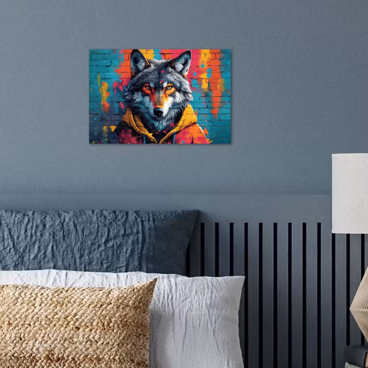 Graffiti - Wolf - Street art - Blauw poster papier klein -sfeer2