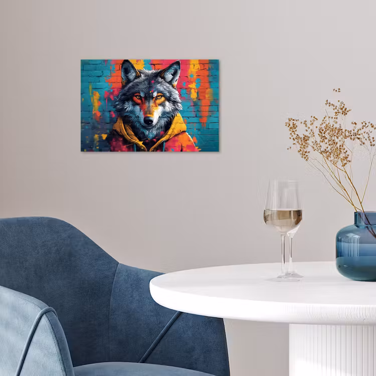 Graffiti - Wolf - Street art - Blauw poster papier klein -sfeer3
