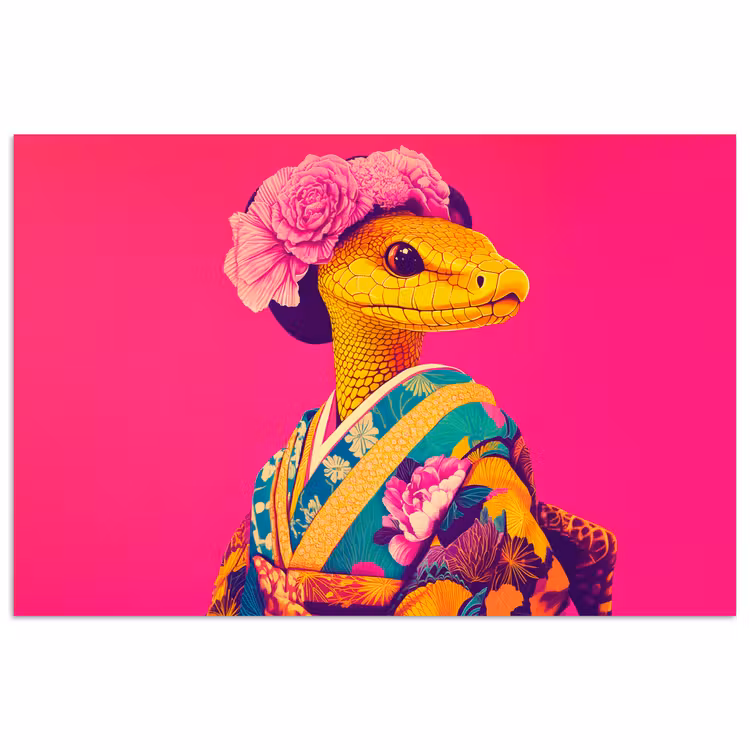 Hagedis - Bloemen - Roze - Kimono poster papier klein -3d