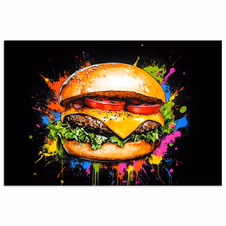 Hamburger - Graffiti - Verf - Kleurrijk - Eten - Abstract poster papier klein -3d