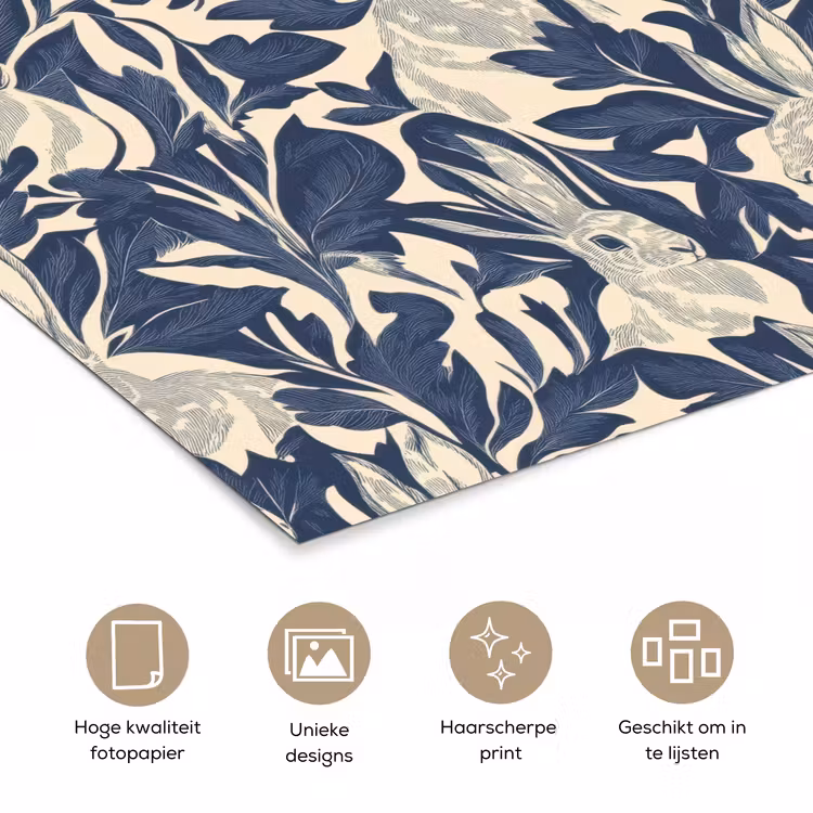 Hazen - Bladeren - Patroon - Blauw - Beige poster papier klein 62 -closeup_NL
