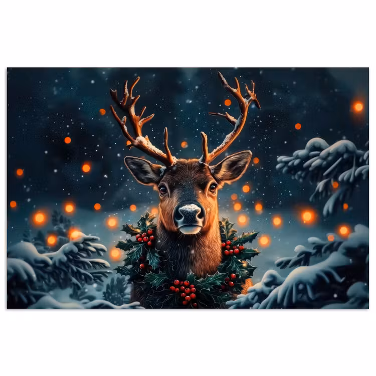 Hert - Kerst - Winter - Sneeuw - Kerstkrans poster papier klein -3d