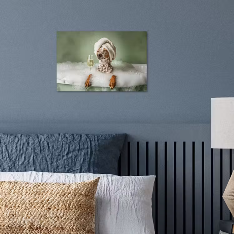 Hond - Bad - Champagne - Handdoek poster papier klein -sfeer2