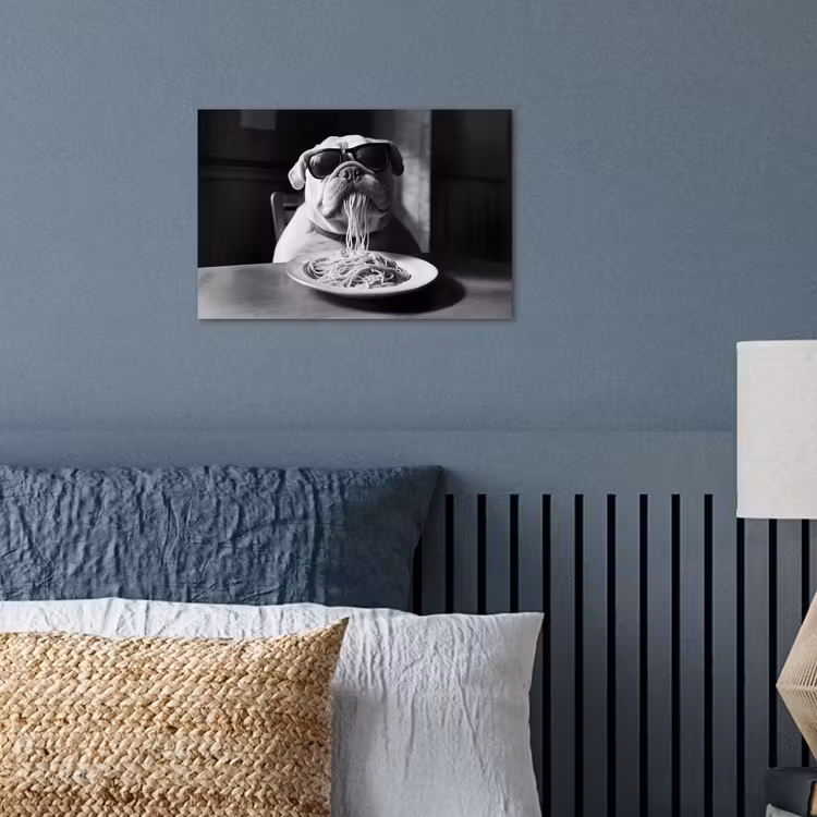 Hond - Bulldog - Pasta - Bril - Stoer - Dieren poster papier klein -sfeer2