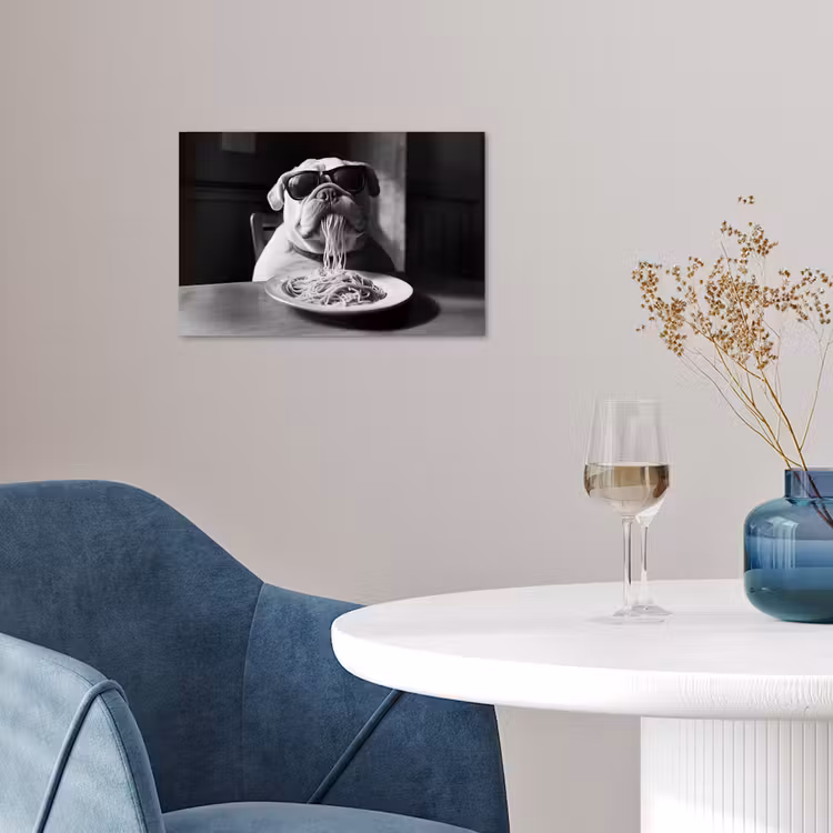 Hond - Bulldog - Pasta - Bril - Stoer - Dieren poster papier klein -sfeer3