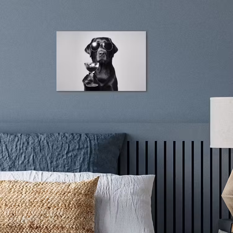 Hond - Zwart - Wijnglas - Zonnebril poster papier klein -sfeer2