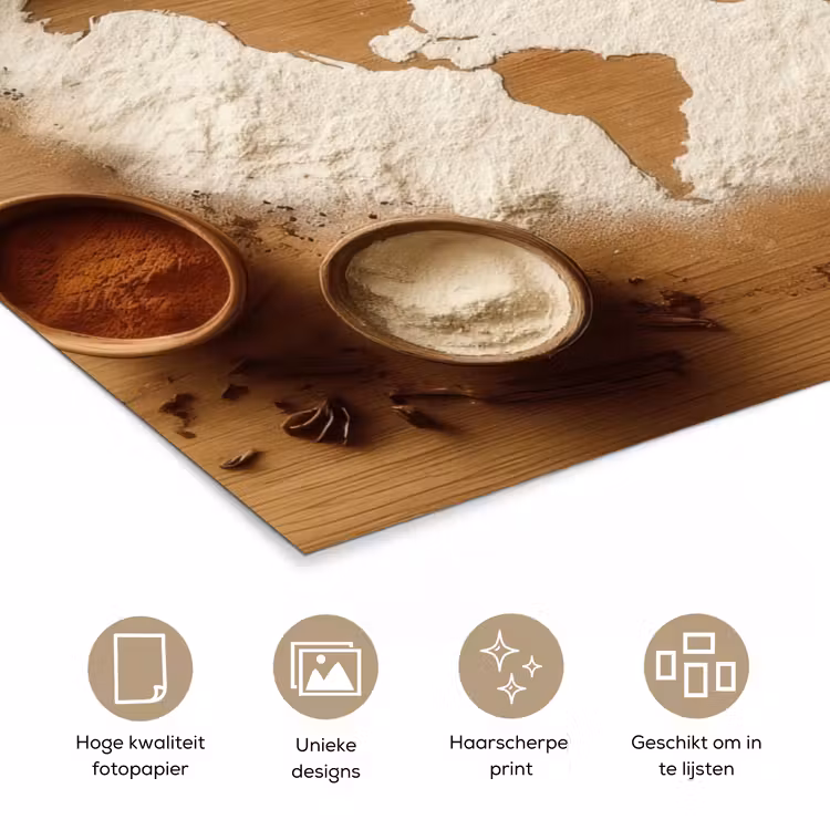 Hout - Wereldkaart - Bakken - Keuken poster papier klein -closeup_NL