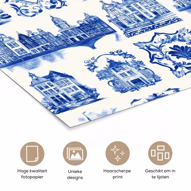 Huizen - Schepen - Blauw poster papier klein 62 -closeup_NL