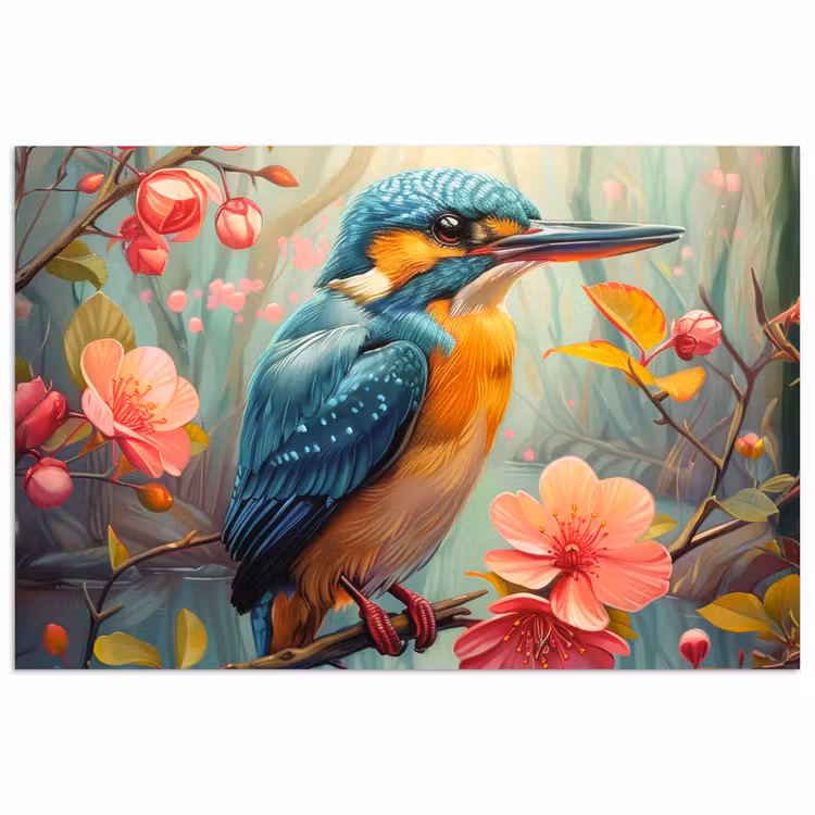 IJsvogel - Bloesem - Natuur - Vogels - Bloemen poster papier klein -3d