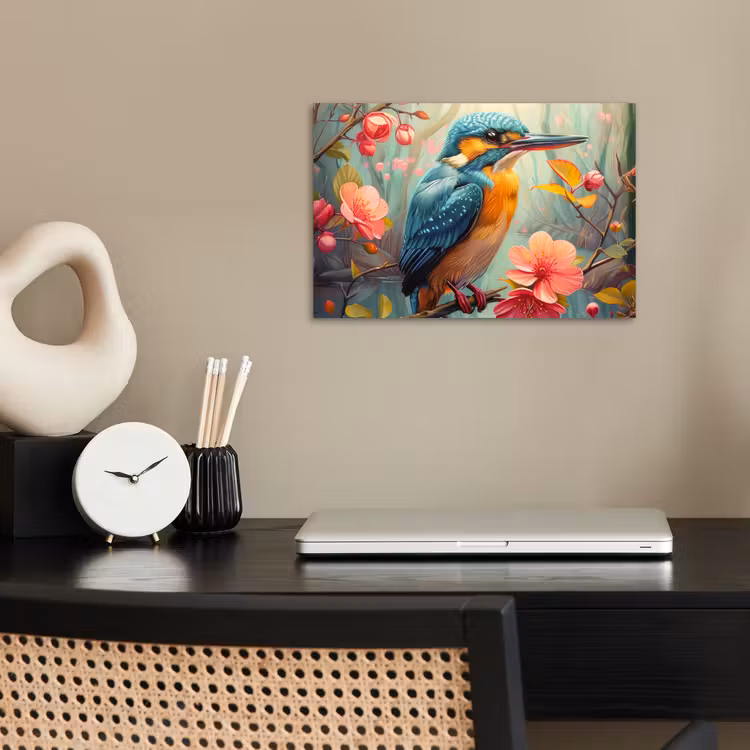 IJsvogel - Bloesem - Natuur - Vogels - Bloemen poster papier klein -sfeer1