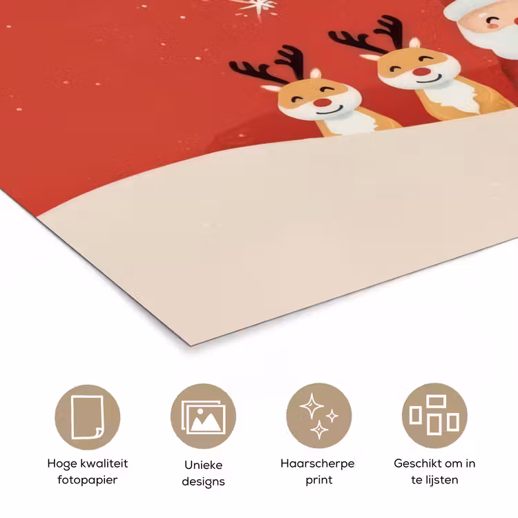 Illustratie - Kerstman - Rendieren - Rood poster papier klein -closeup_NL