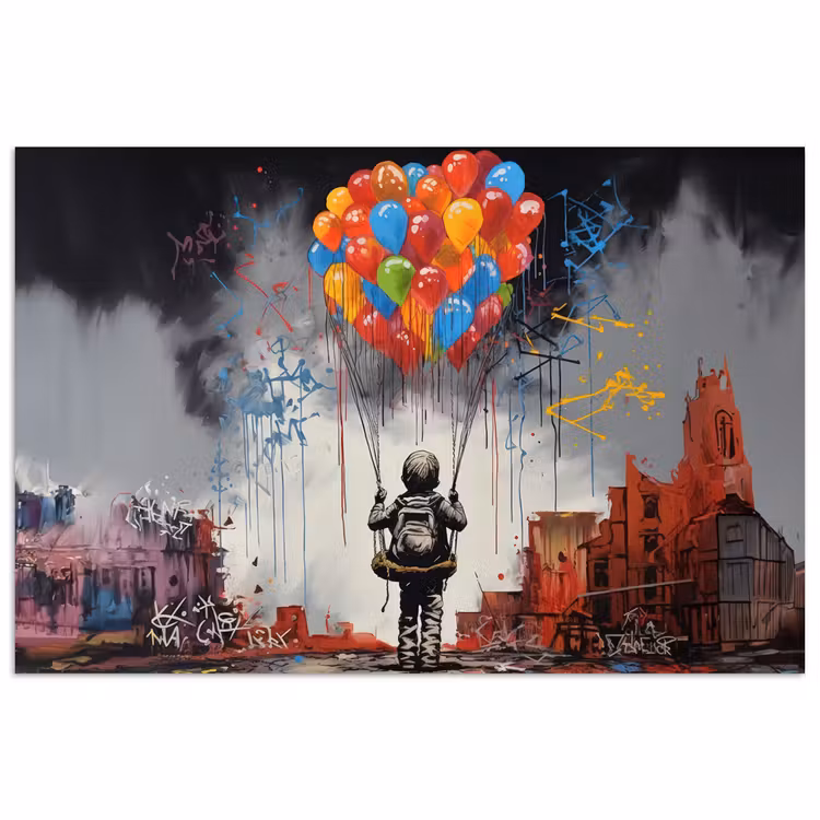 Jongen - Ballonnen - Gebouwen - Kunst poster papier klein -3d