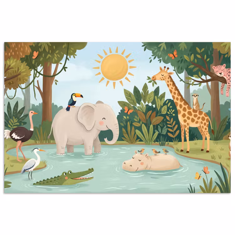 Jungle - Oase - Dieren - Kleurrijk poster papier klein -3d