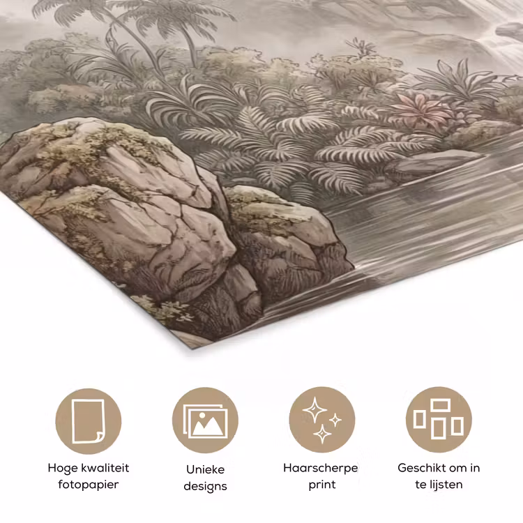 Jungle - Watervallen - Tropisch - Illustratie poster papier klein -closeup_NL