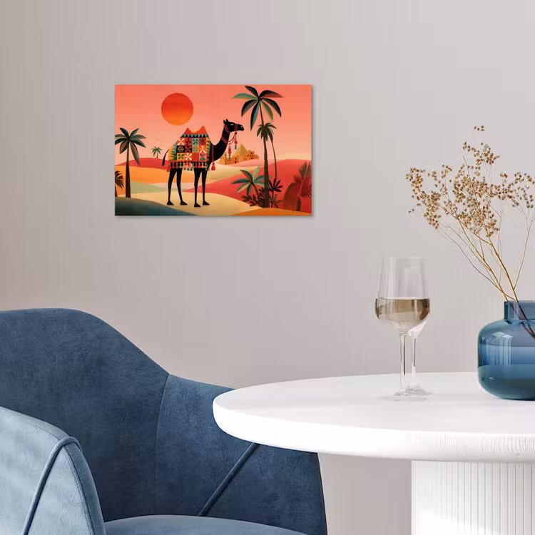 Kameel - Gekleurd tapijt - Duinen - Rode zon poster papier klein -sfeer3
