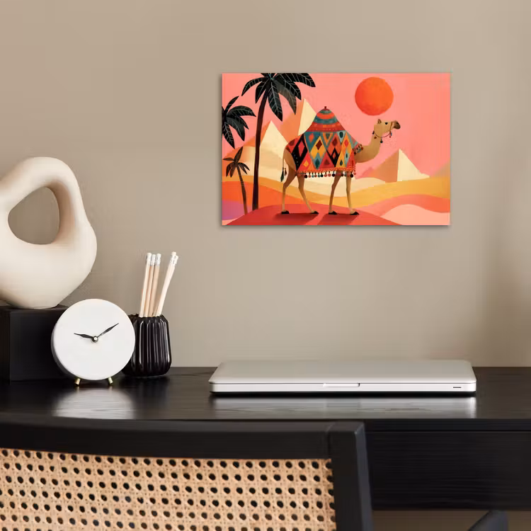 Kameel - Pyramides - Rode zon poster papier klein -sfeer1