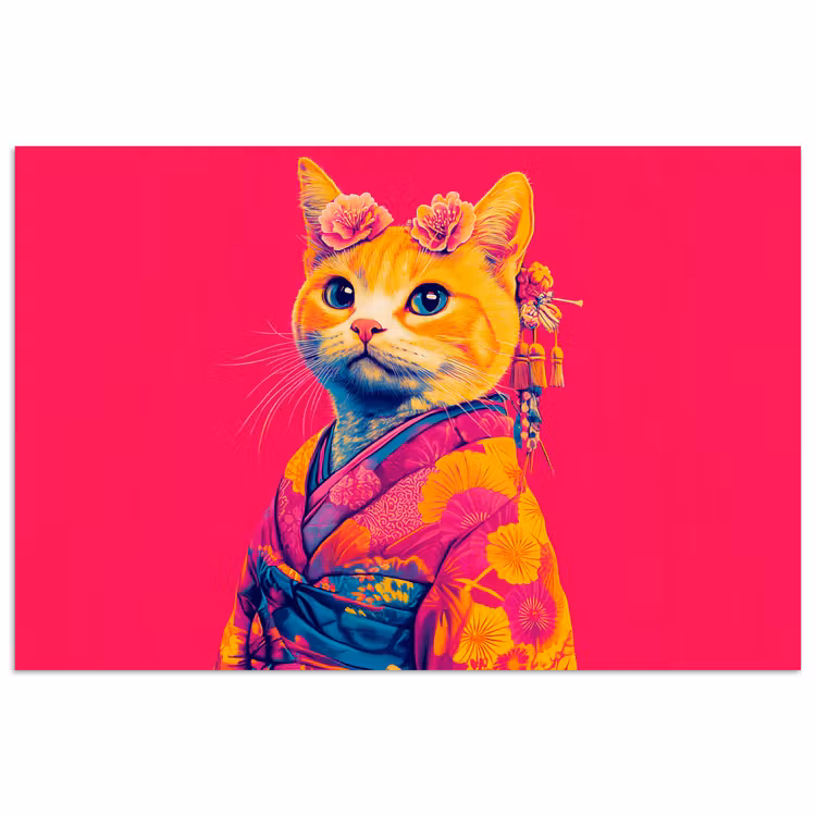 Kat - Kimono - Bloemen - Roze poster papier klein -3d