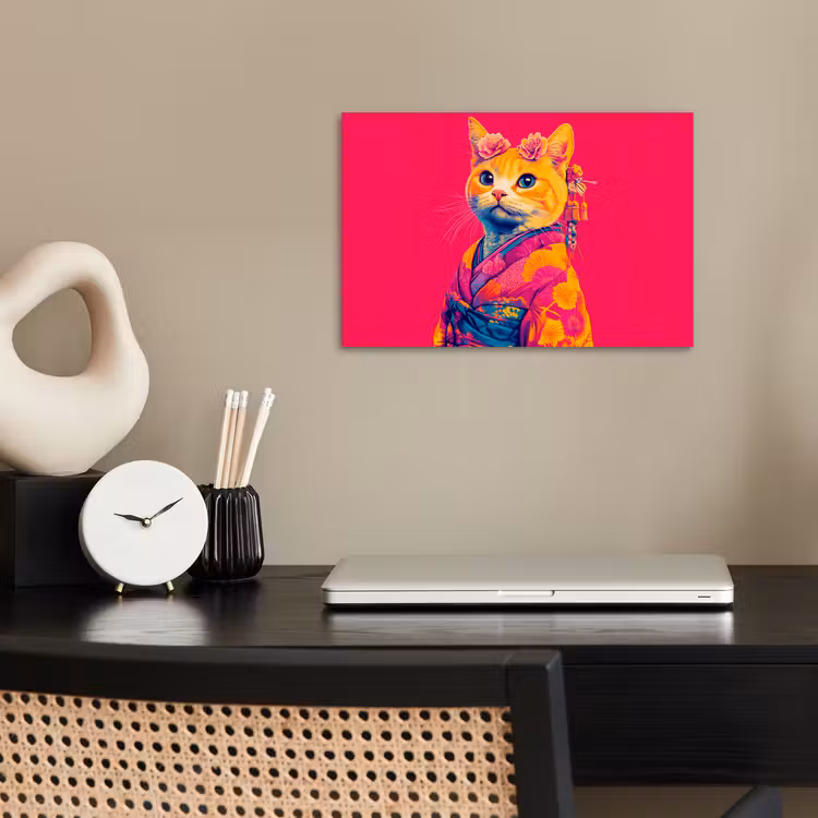 Kat - Kimono - Bloemen - Roze poster papier klein -sfeer1