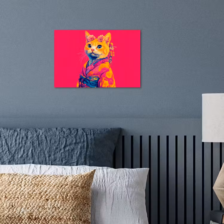 Kat - Kimono - Bloemen - Roze poster papier klein -sfeer2