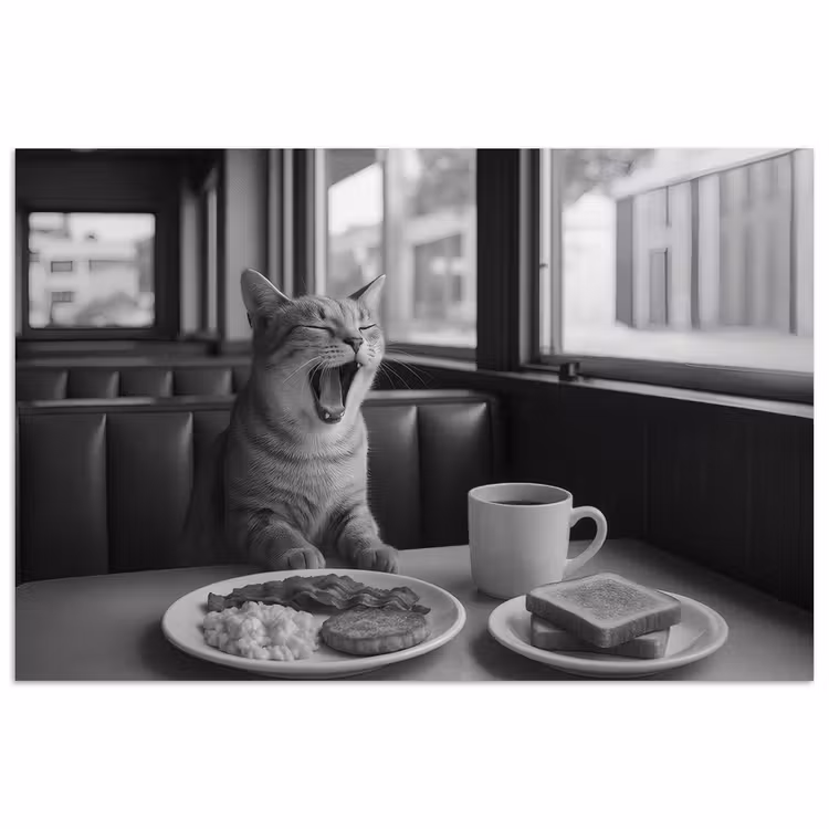 Kat - Koffie - Brood - Zwart poster papier klein -3d
