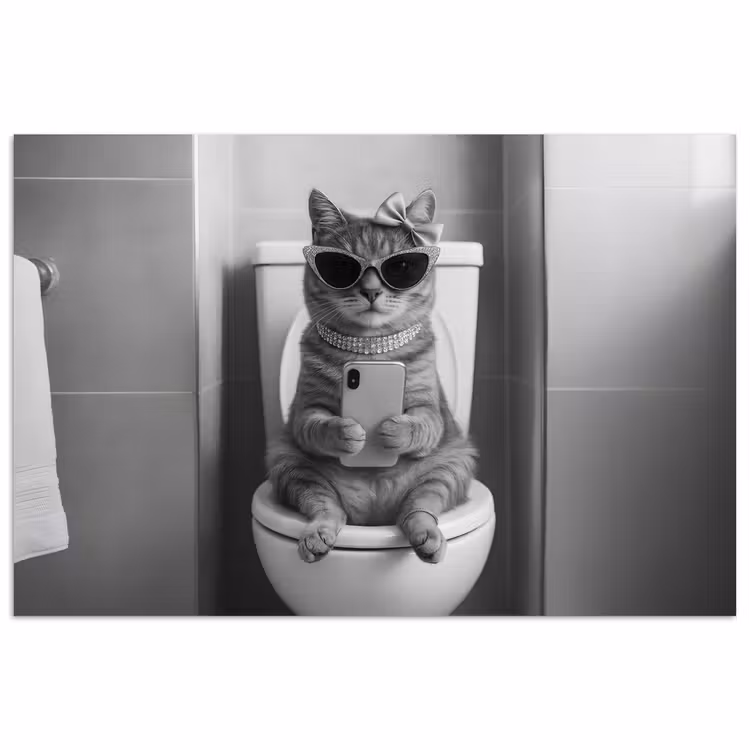 Kat - Telefoon - Toilet - Zwart - Wit poster papier klein -3d