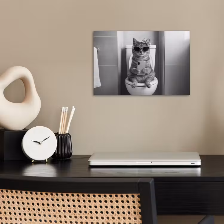 Kat - Telefoon - Toilet - Zwart - Wit poster papier klein -sfeer1