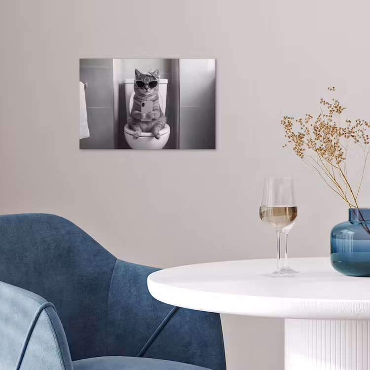 Kat - Telefoon - Toilet - Zwart - Wit poster papier klein -sfeer3