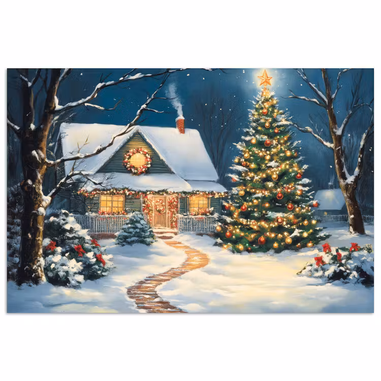 Kerst - Kerstboom - Winter - Huis - Sneeuw poster papier klein -3d