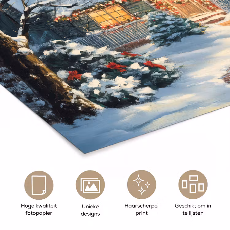 Kerst - Kerstboom - Winter - Huis - Sneeuw poster papier klein -closeup_NL