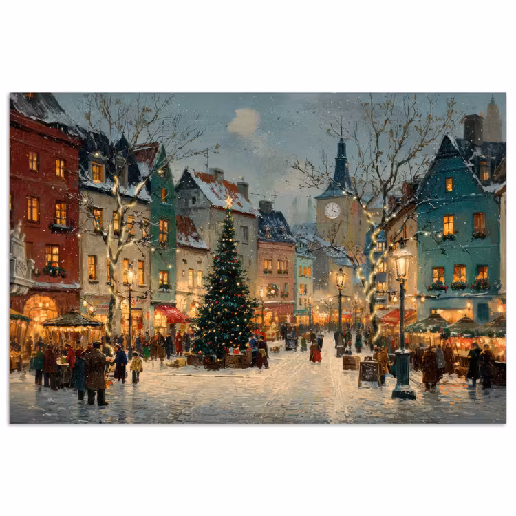 Kerstsfeer - Stadsplein - Kleurrijk poster papier klein -3d