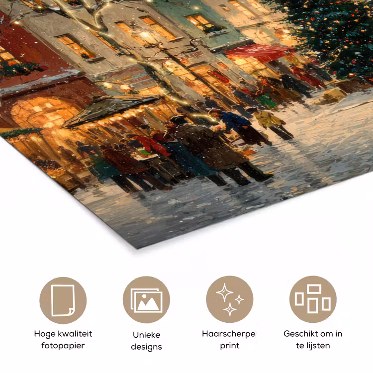 Kerstsfeer - Stadsplein - Kleurrijk poster papier klein -closeup_NL