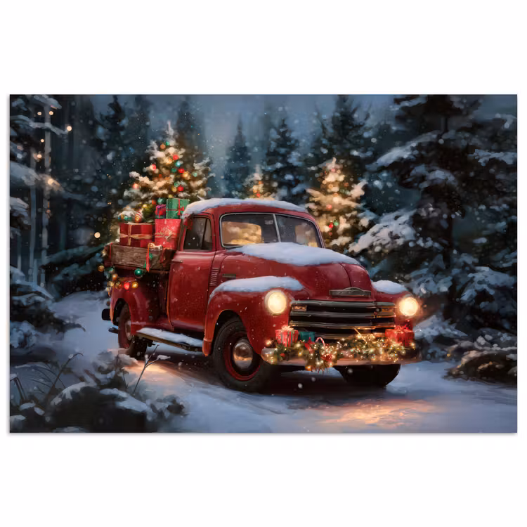 Kersttruck - Sneeuwbos - Rood poster papier klein -3d