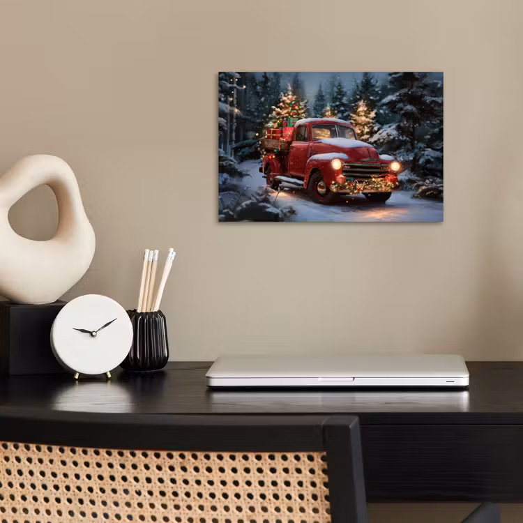 Kersttruck - Sneeuwbos - Rood poster papier klein -sfeer1
