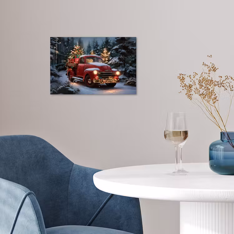 Kersttruck - Sneeuwbos - Rood poster papier klein -sfeer3