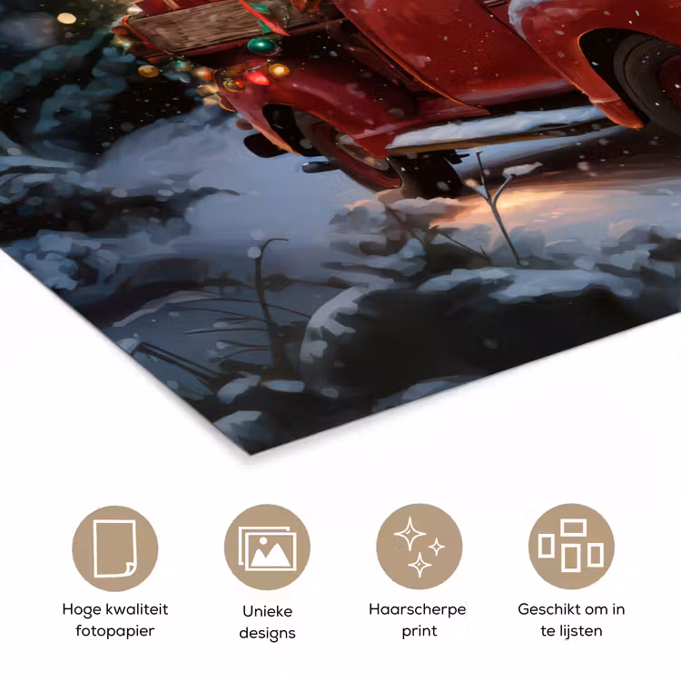 Kersttruck - Sneeuwbos - Rood poster papier klein -closeup_NL