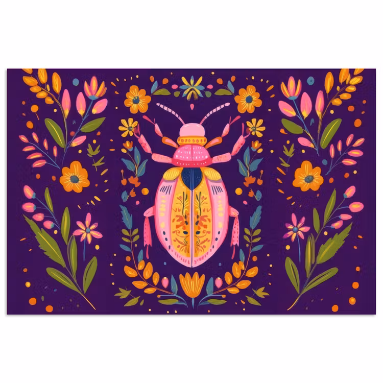 Kever - Felgekleurd - Bloemen - Bladeren poster papier klein -3d