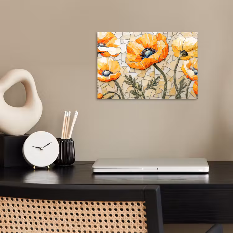 Klaprozen - Oranje - Mozaïek - Bladeren poster papier klein -sfeer1