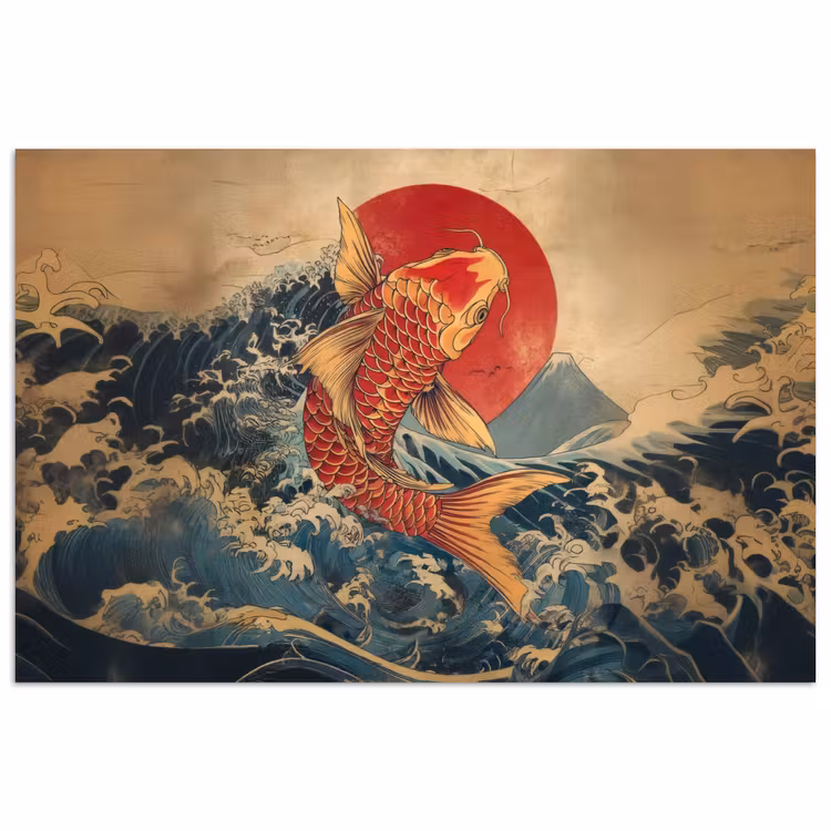 Koi - Zee - Golven - Zon poster papier klein -3d