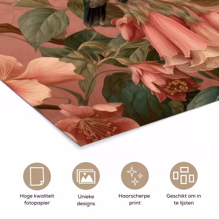 Kolibries - Bloemen - Groen - Roze poster papier klein -closeup_NL