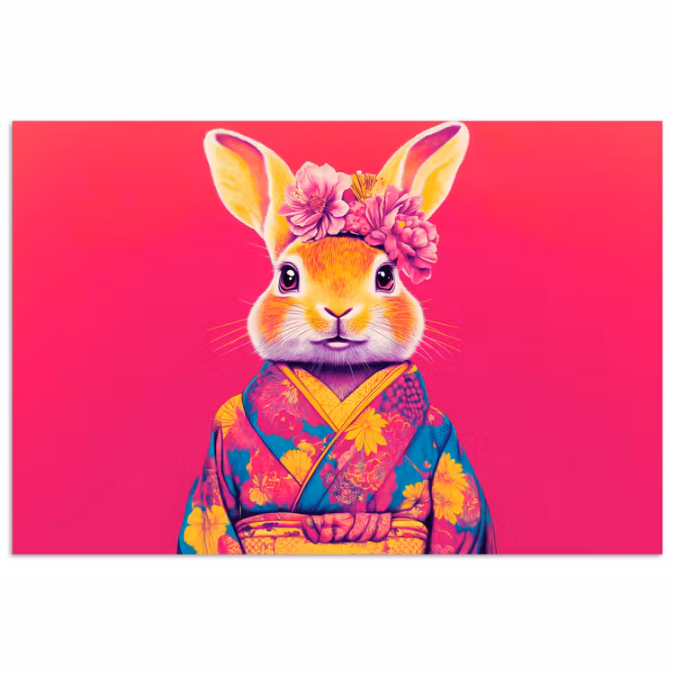 Konijn - Bloemen - Kleurrijk - Kimono poster papier klein -3d