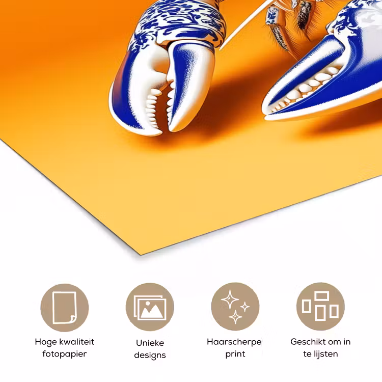 Kreeft - Delftsblauw - Schild - Stoer - Oranje poster papier klein -closeup_NL
