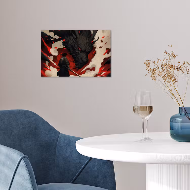 Krijger - Draak - Zwart - Rood - Rook poster papier klein -sfeer3
