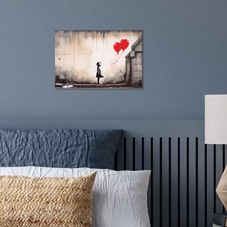 Kunst - Meisje - Ballonnen - Hart - Grijs poster papier klein -sfeer2