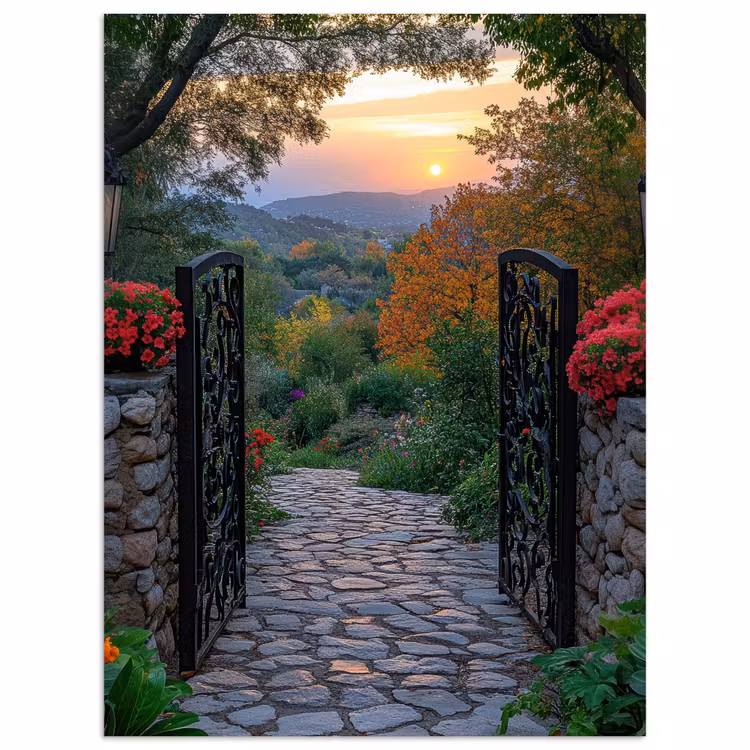 Landschap - Hek - Pad - Zonsondergang - Natuur poster papier klein -3d